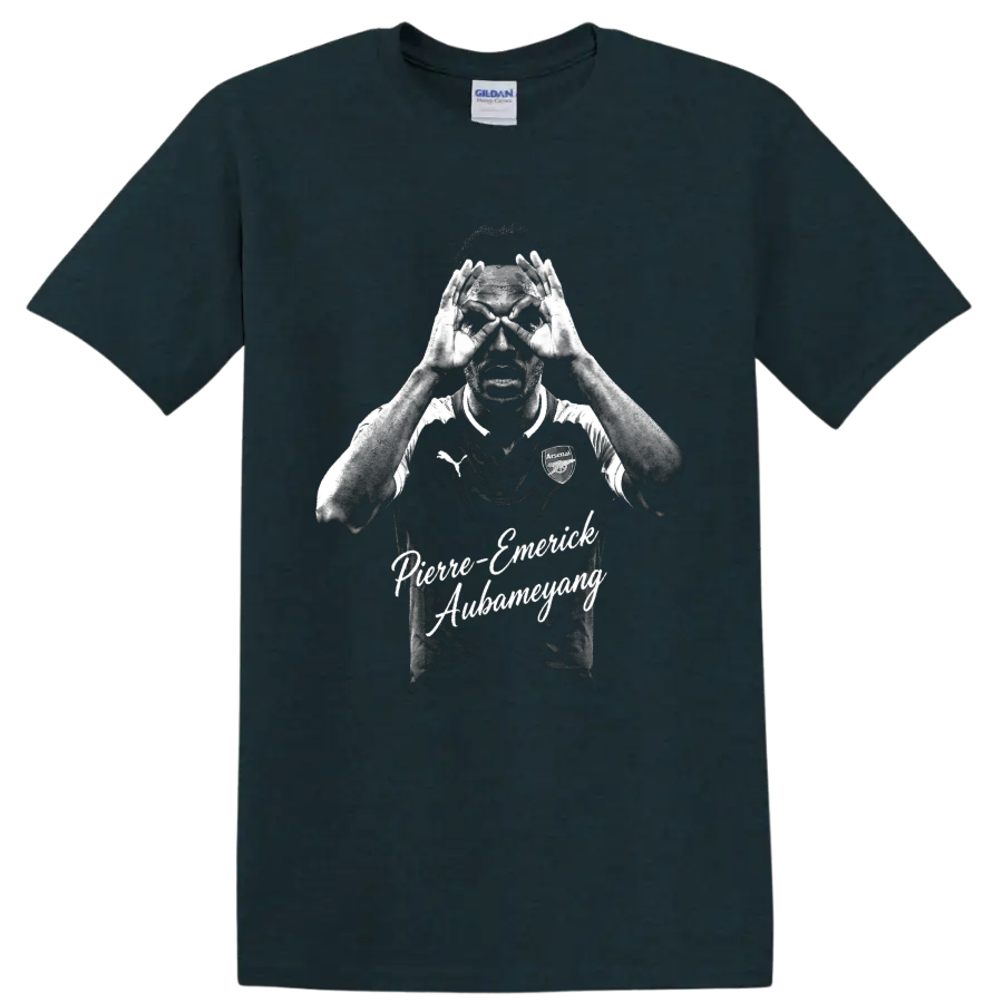 Pierre-Emerick Aubameyang Arsenal binocular celebration distressed portrait with script on a Midnight (Green) T Shirt