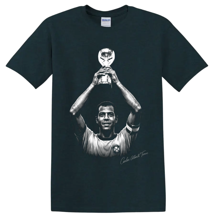 Carlos Alberto Torres lifting trophy in monochrome Brazilian soccer portrait artwork on a Midnight (Green) T Shirt