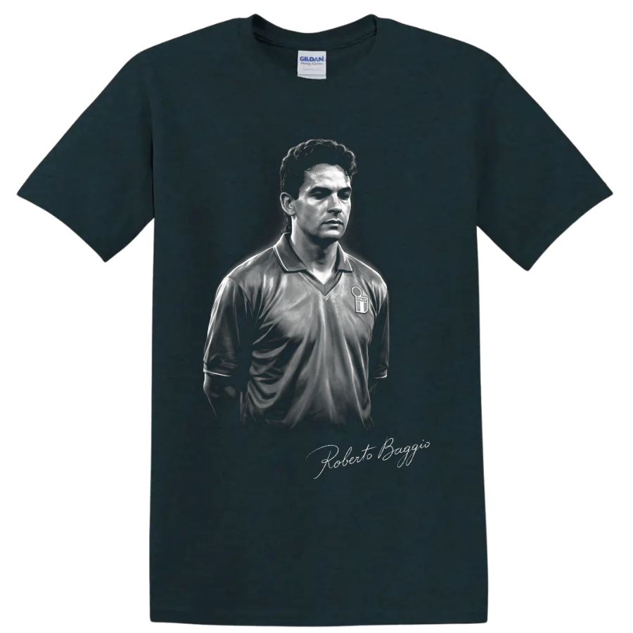 Monochrome Roberto Baggio Italy soccer portrait with signature-style lettering on a Midnight (Green) T Shirt