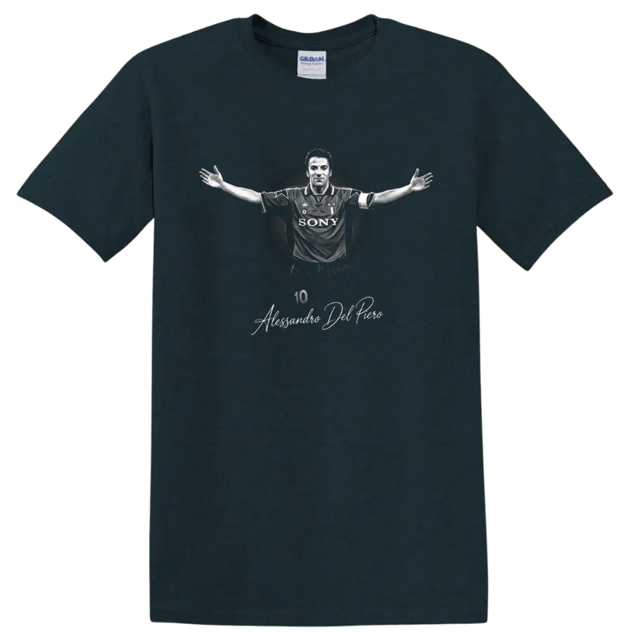 Alessandro Del Piero Juventus number 10 monochrome soccer portrait with signature on a Midnight (Green) T Shirt