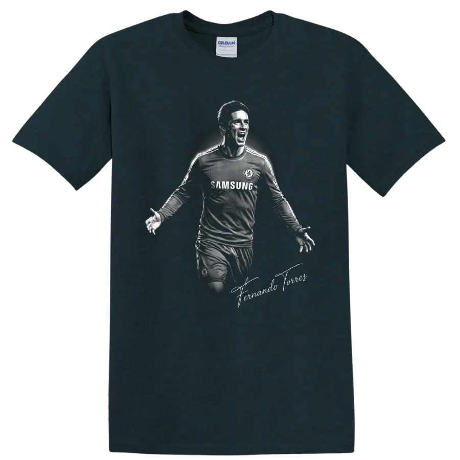 Fernando Torres Chelsea soccer celebration portrait in dramatic monochrome artwork on a Midnight (Green) T Shirt
