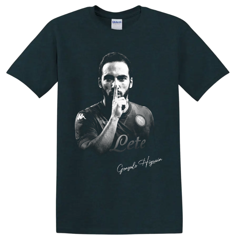 Gonzalo Higuain monochrome soccer portrait making a shushing gesture on a Midnight (Green) T Shirt