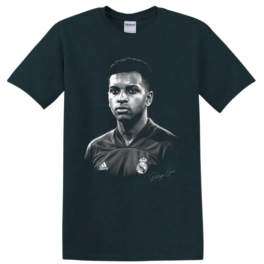 Rodrygo Goes monochrome soccer portrait in Real Madrid jersey with signature on a Midnight (Green) T Shirt