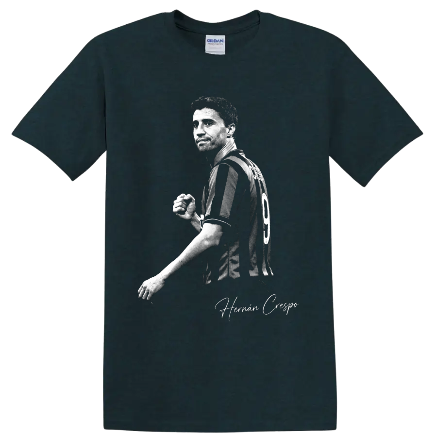 Hernan Crespo soccer portrait in striped number 9 jersey with signature-style script on a Midnight (Green) T Shirt