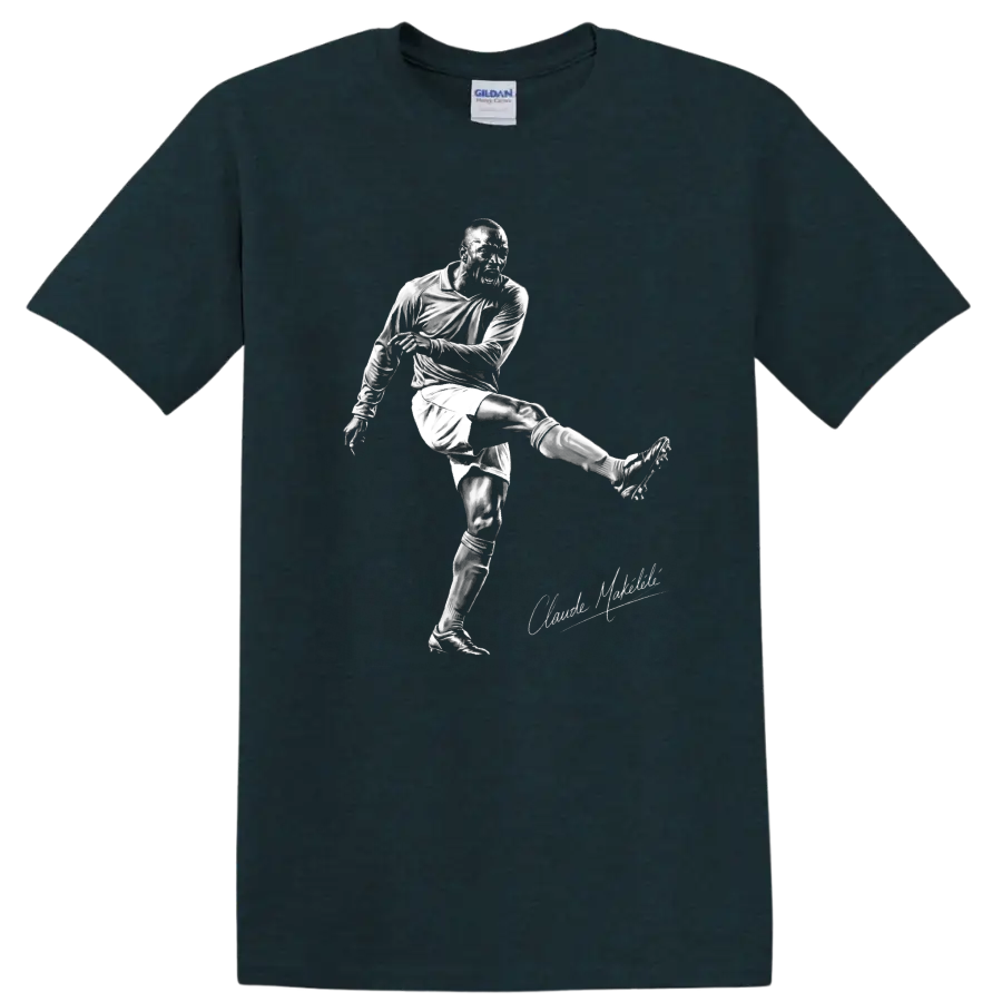 Claude Makelele soccer player kicking in a high-contrast monochrome sketch design on a Midnight (Green) T Shirt