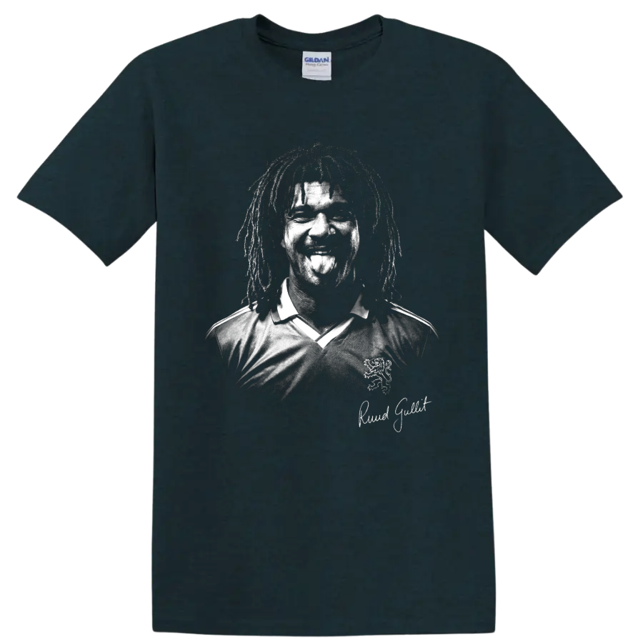 Distressed black-and-white Ruud Gullit soccer portrait with signature on a Midnight (Green) T Shirt
