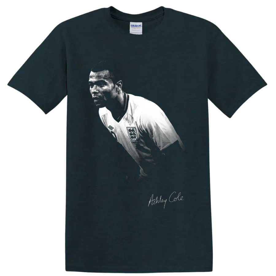 Ashley Cole England soccer defender portrait in distressed black-and-white style on a Midnight (Green) T Shirt