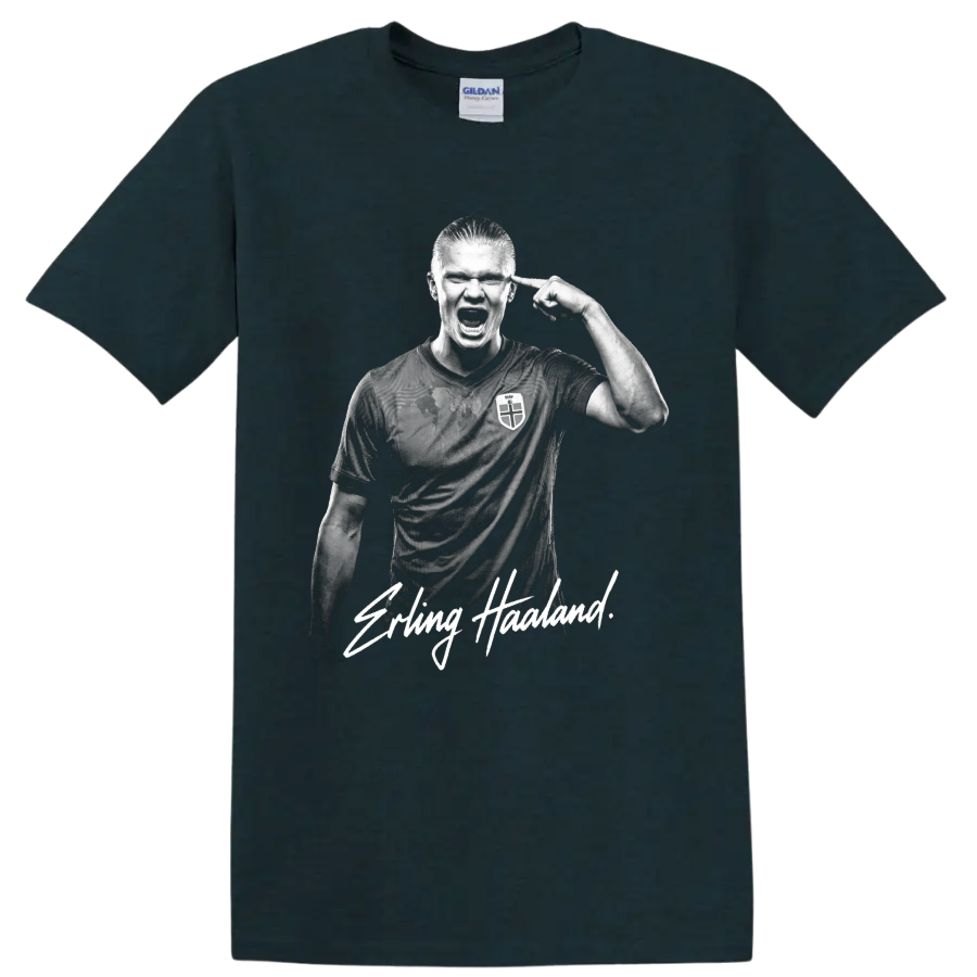 Erling Haaland Norway soccer portrait with signature-style name lettering on a Midnight (Green) T Shirt