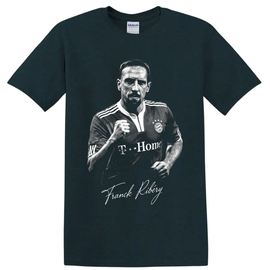 Franck Ribery Bayern Munich black-and-white soccer portrait with signature lettering on a Midnight (Green) T Shirt