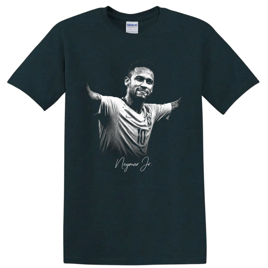 Neymar Jr Brazil number 10 soccer portrait with arms out and signature-style text on a Midnight (Green) T Shirt