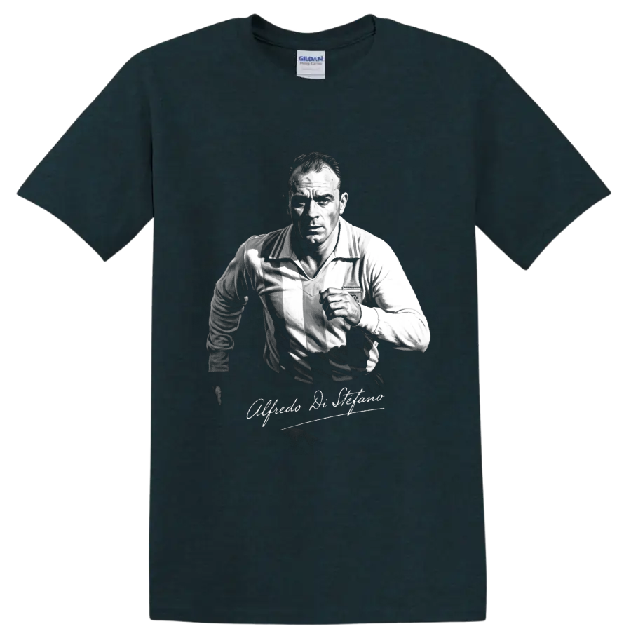 Alfredo Di Stéfano soccer portrait in vintage black-and-white style with signature script on a Midnight (Green) T Shirt