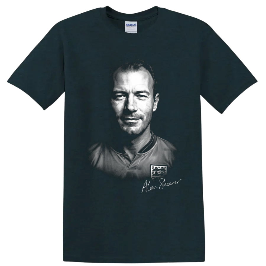 Alan Shearer black-and-white England soccer portrait with signature-style text on a Midnight (Green) T Shirt