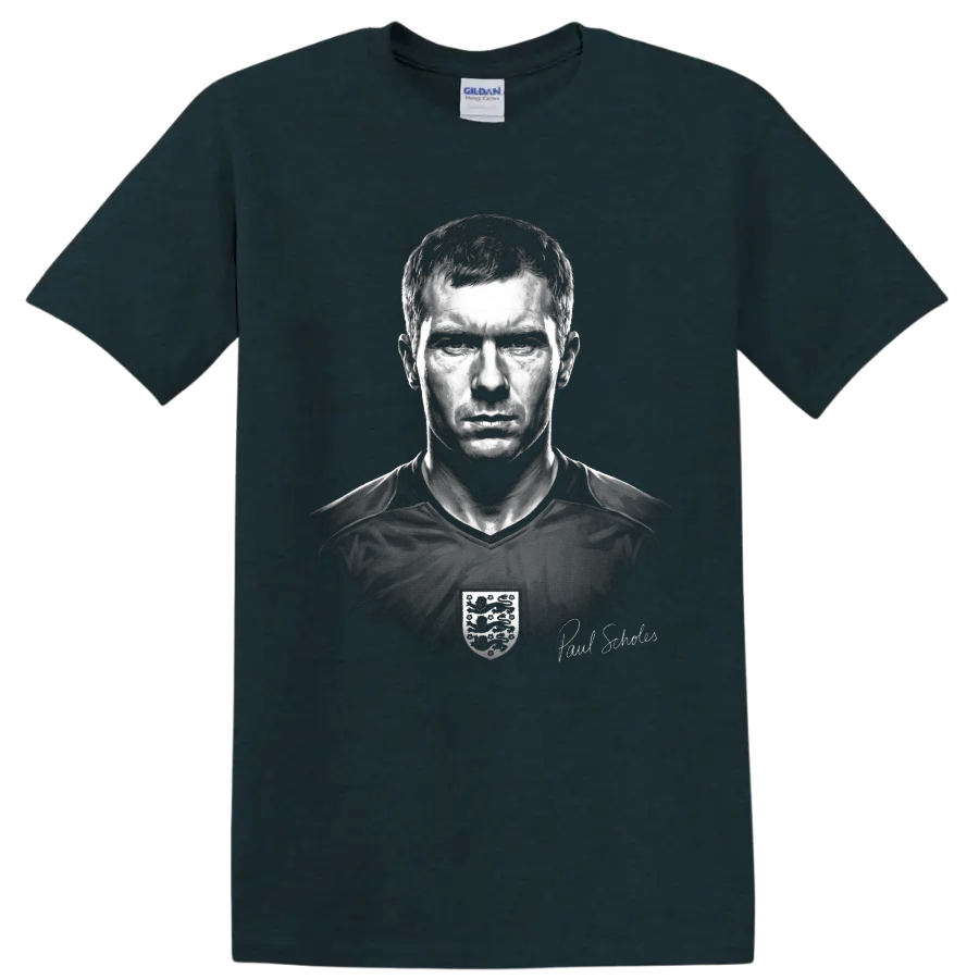 Paul Scholes monochrome soccer portrait with England crest and signature detail on a Midnight (Green) T Shirt