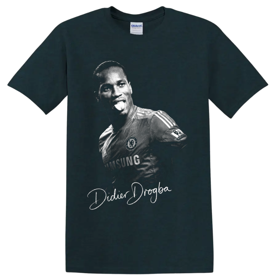 Didier Drogba Chelsea soccer portrait in vintage black-and-white with cursive name on a Midnight (Green) T Shirt