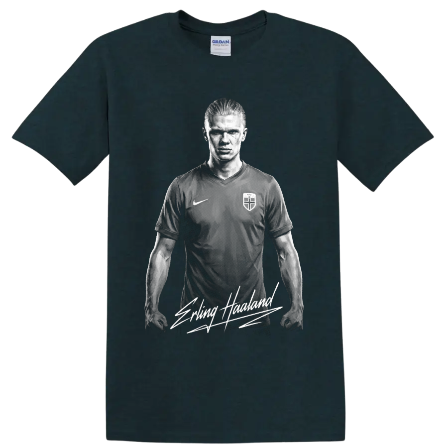 Grayscale Erling Haaland soccer portrait with signature-style lettering on a Midnight (Green) T Shirt