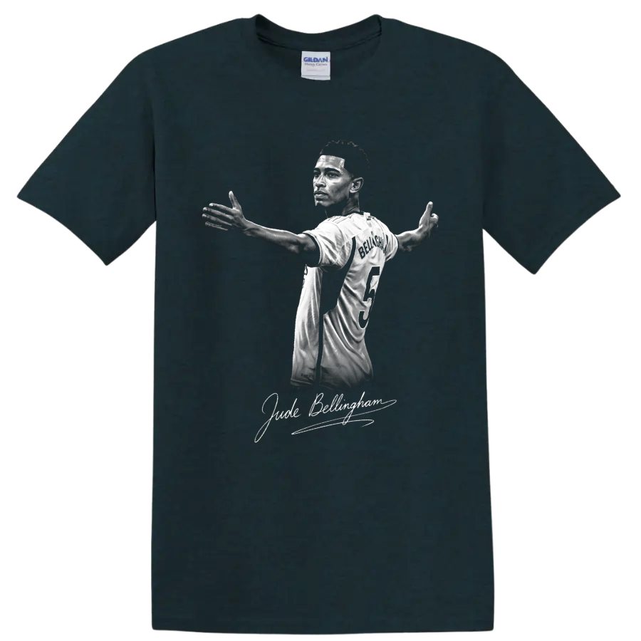 Jude Bellingham grayscale Real Madrid number 5 portrait with signature-style lettering on a Midnight (Green) T Shirt