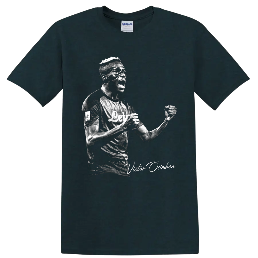 Victor Osimhen Napoli soccer celebration portrait with signature-style text on a Midnight (Green) T Shirt