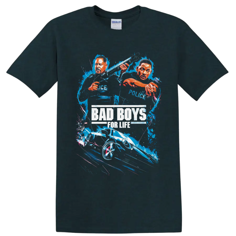 Bad Boys for Life illustrated Mike Lowrey and Marcus Burnett action movie graphic on a Midnight (Green) T Shirt