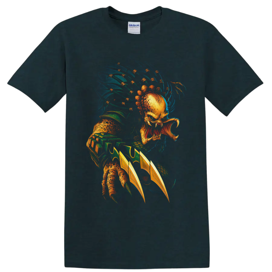 Unmasked Predator alien hunter with mandibles, wrist blades, and retro sci-fi art on a Midnight (Green) T Shirt