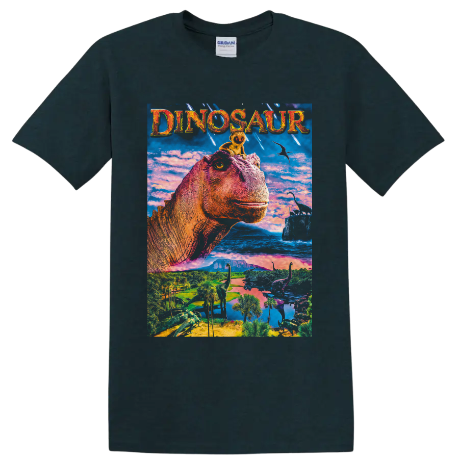 Aladar and Suri Dinosaur movie artwork with a colorful prehistoric valley on a Midnight (Green) T Shirt