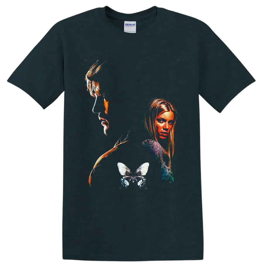 Surreal portrait collage with orange-gold accents and detailed butterfly graphic on a Midnight (Green) T Shirt