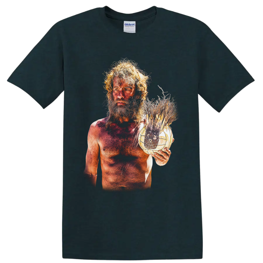 Chuck Noland Cast Away survival portrait with handmade volleyball companion graphic on a Midnight (Green) T Shirt