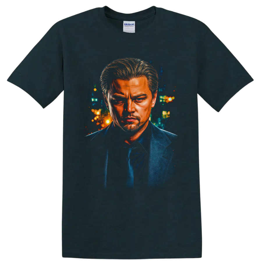 Dominic Cobb as Leonardo DiCaprio in a painterly neon city portrait on a Midnight (Green) T Shirt