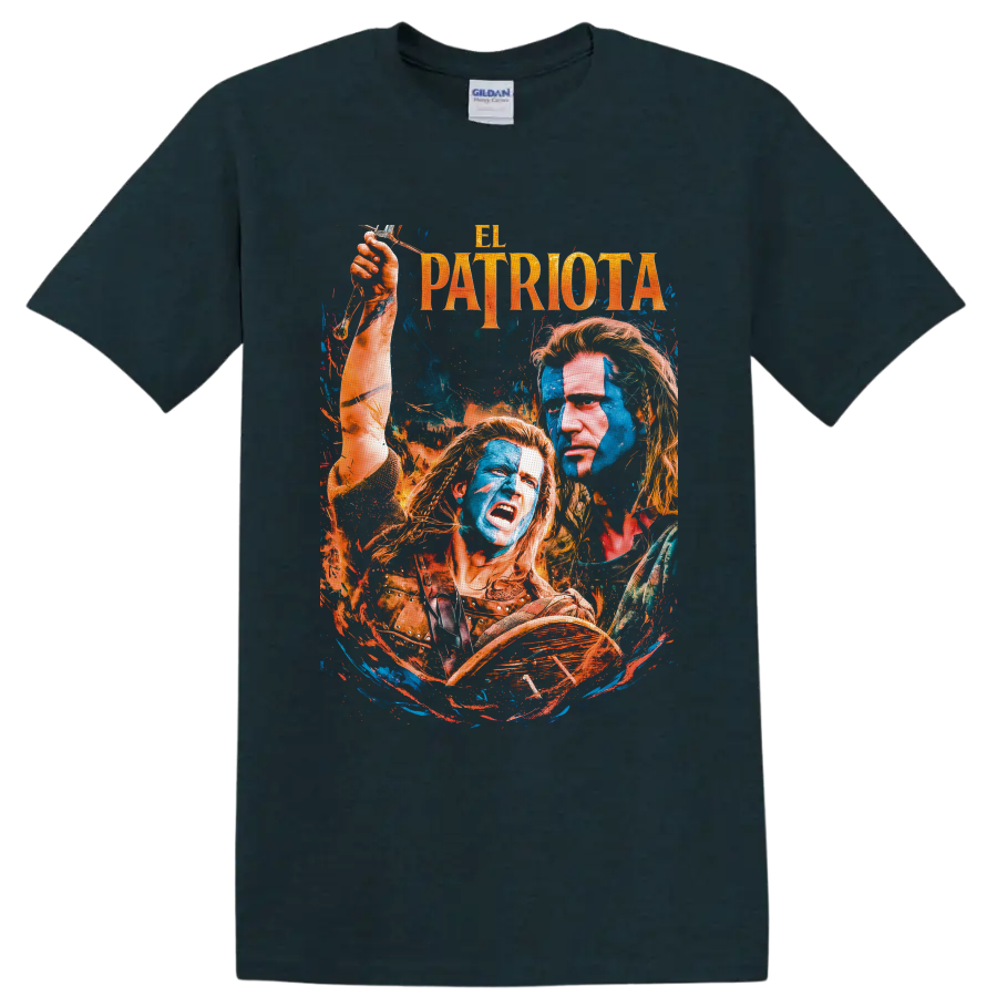 Benjamin Martin with colonial figures in distressed blue and orange The Patriot artwork on a Midnight (Green) T Shirt