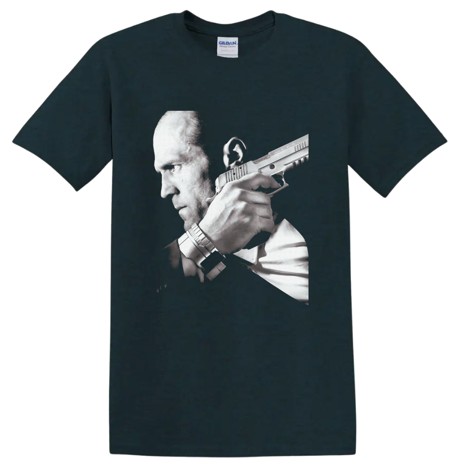 Frank Martin Transporter 3 grayscale action portrait with handgun on a Midnight (Green) T Shirt