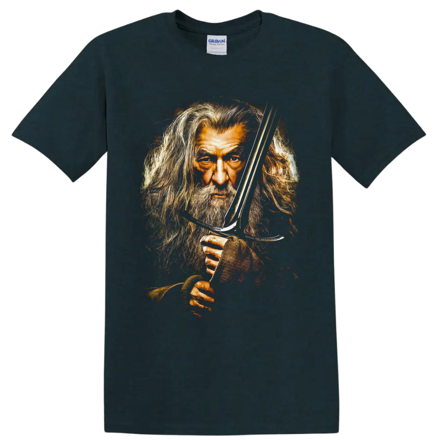 Gandalf portrait with sword in distressed painterly fantasy artwork on a Midnight (Green) T Shirt