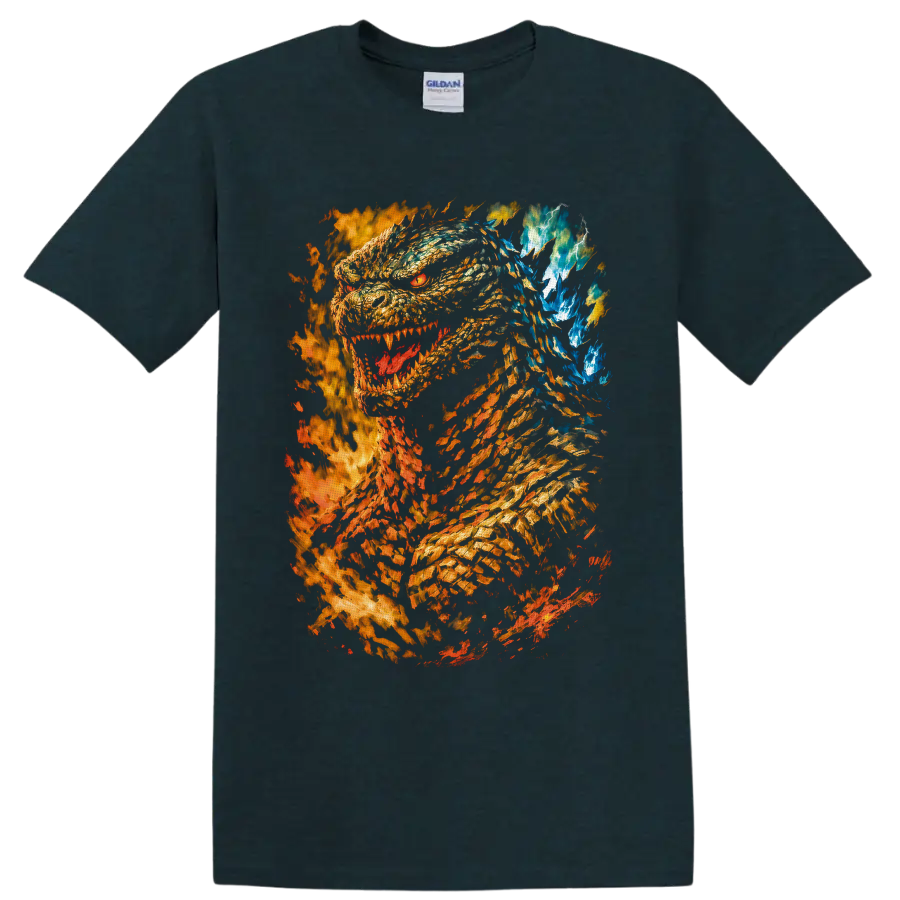 Burning Godzilla roaring amid flames, sparks, blue energy, and lightning on a Midnight (Green) T Shirt
