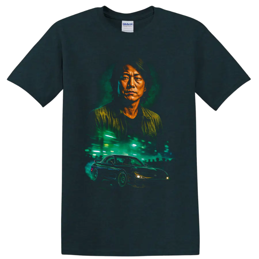Han Lue neon portrait with a street-racing car and glowing city lights on a Midnight (Green) T Shirt