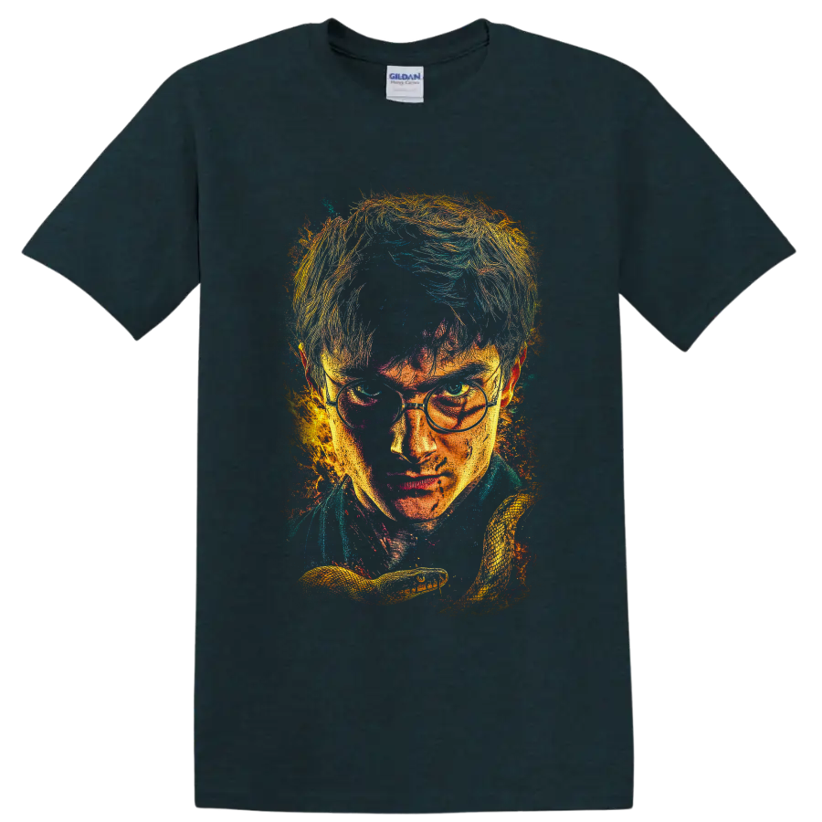 Harry Potter wizard portrait in distressed paint-splatter style with Golden Snitch on a Midnight (Green) T Shirt