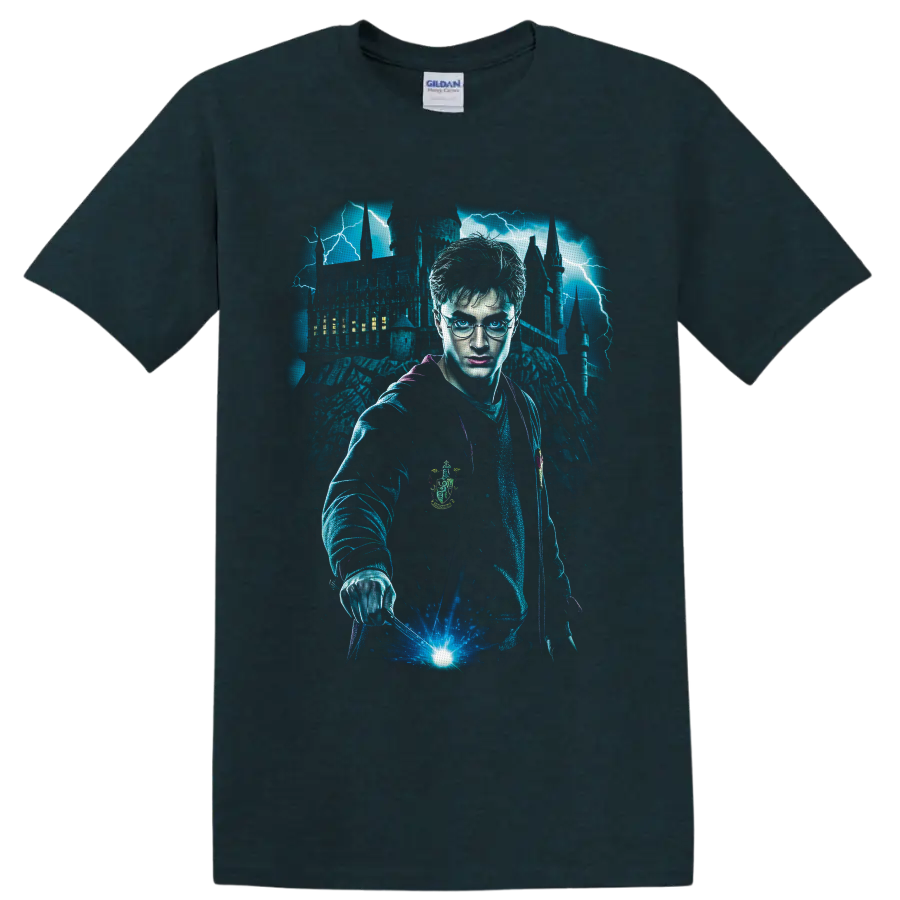 Harry Potter with glowing wand, lightning, and Gothic castle fantasy graphic on a Midnight (Green) T Shirt