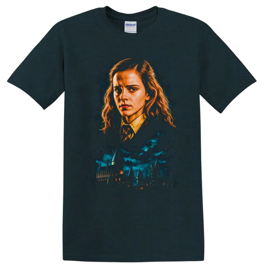 Hermione Granger portrait above Hogwarts castle in dramatic fantasy illustration on a Midnight (Green) T Shirt