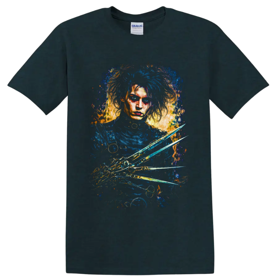 Edward Scissorhands gothic portrait with scissor hands and blue-gold paint splatters on a Midnight (Green) T Shirt