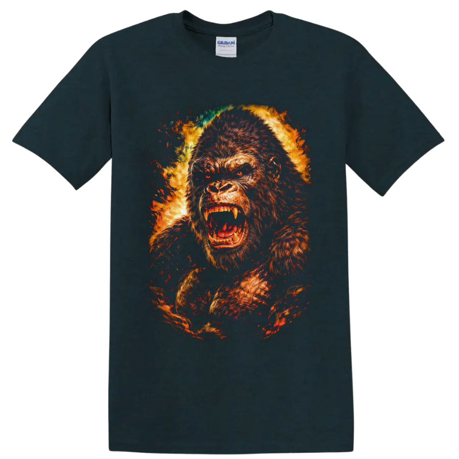 Kong roaring giant ape in fiery distressed monster movie graphic art on a Midnight (Green) T Shirt