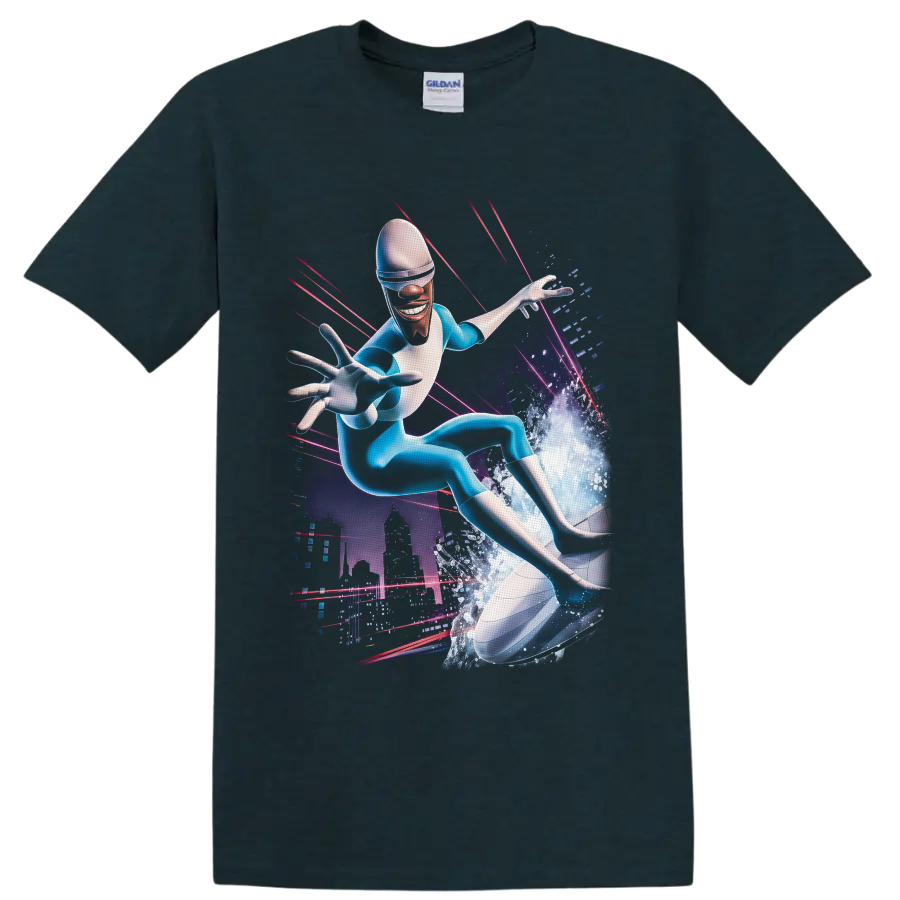 Frozone surfing an ice wave in a neon futuristic city graphic on a Midnight (Green) T Shirt
