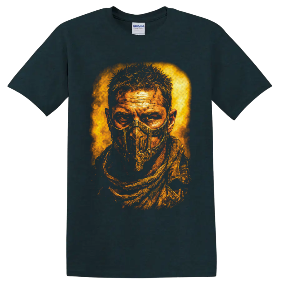 Distressed fiery portrait of a masked Mad Max: Fury Road wasteland figure on a Midnight (Green) T Shirt