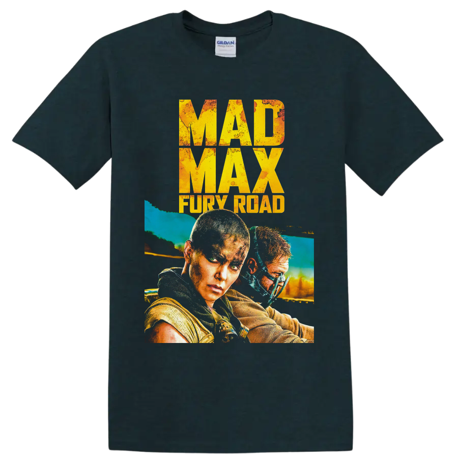 Furiosa and masked warrior in distressed Mad Max Fury Road action poster art on a Midnight (Green) T Shirt