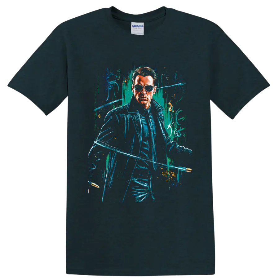 The Matrix cyberpunk sunglasses figure with neon digital distressed artwork on a Midnight (Green) T Shirt