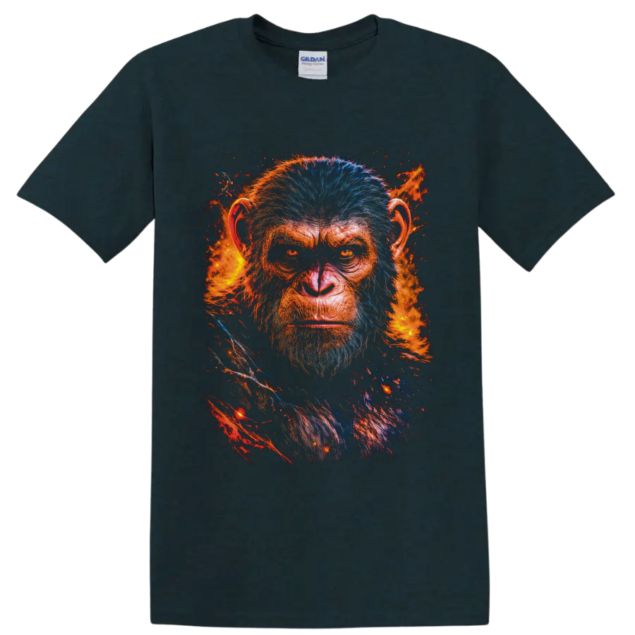 Caesar Planet of the Apes portrait with blue fur, orange flames, and embers on a Midnight (Green) T Shirt
