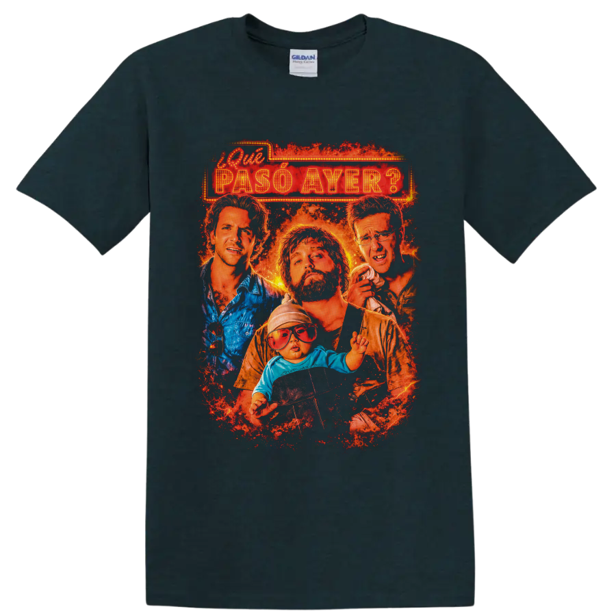 The Hangover cast and baby in fiery distressed marquee movie poster graphic on a Midnight (Green) T Shirt