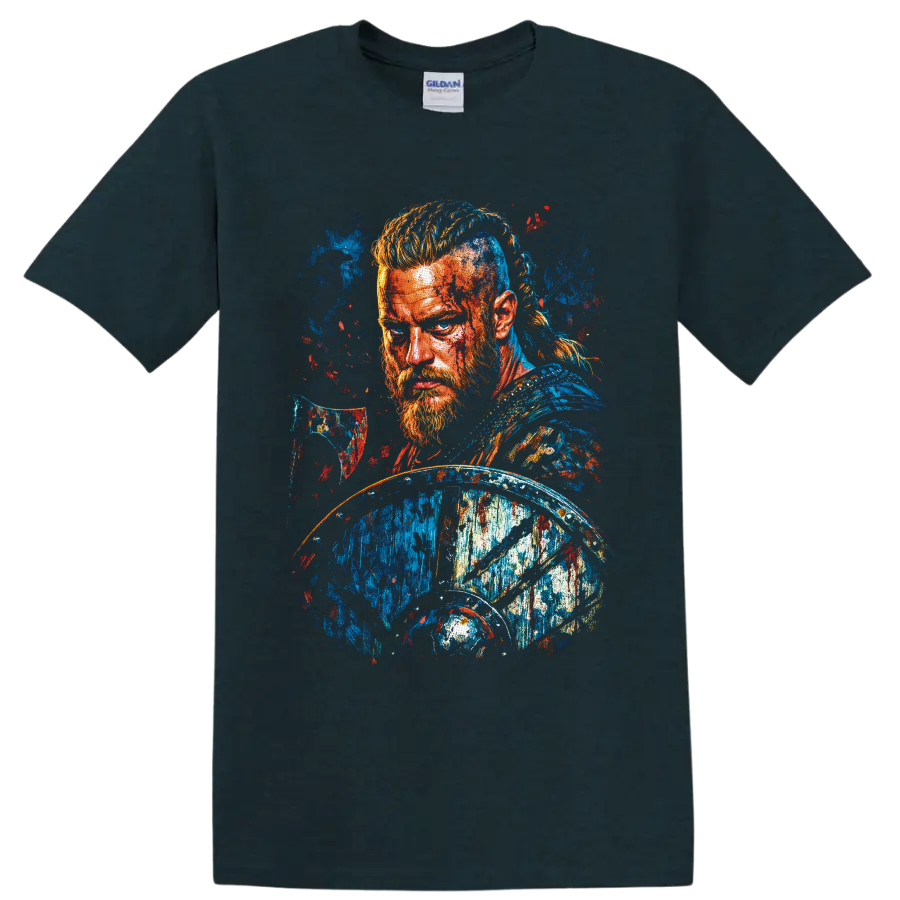 Ragnar Lothbrok warrior portrait with axe and shield in vibrant splatter-paint style on a Midnight (Green) T Shirt