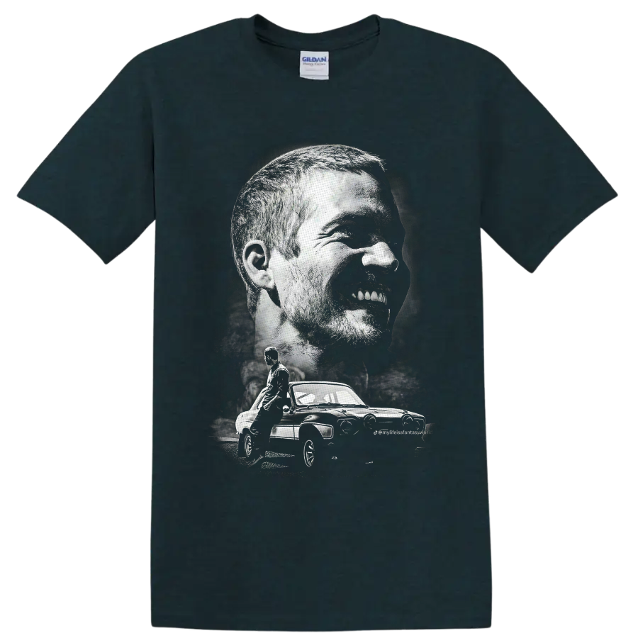 Brian O'Conner portrait and Ford Escort RS2000 in distressed monochrome graphic art on a Midnight (Green) T Shirt