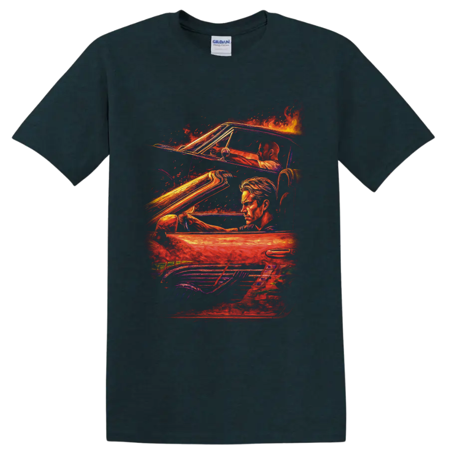 Brian O'Conner fiery street racing art with a performance car and illustrated portrait on a Midnight (Green) T Shirt