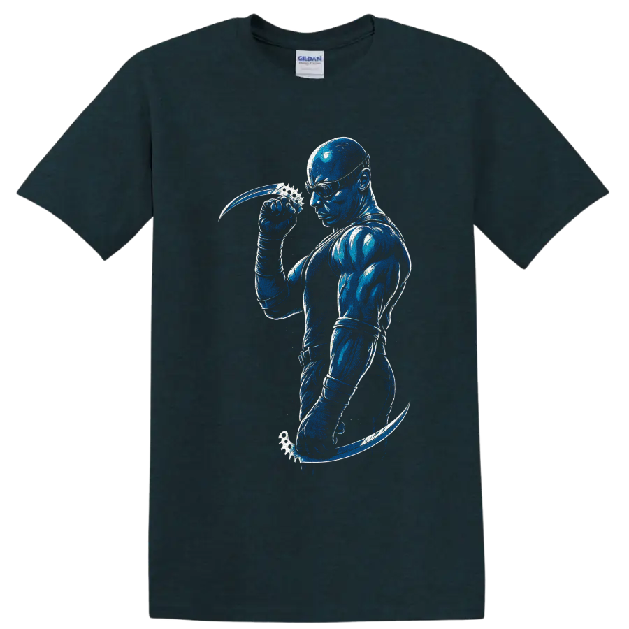 Riddick with goggles and curved blades in distressed blue sci-fi action art on a Midnight (Green) T Shirt