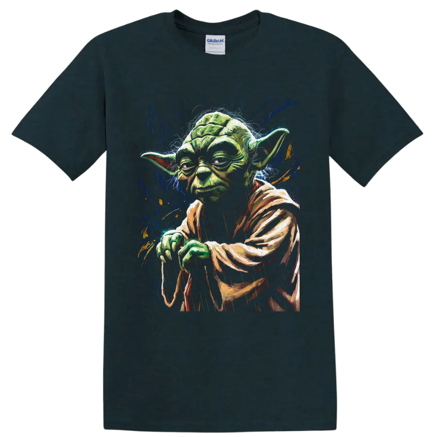 Yoda portrait in painterly galactic paint splash art on a Midnight (Green) T Shirt