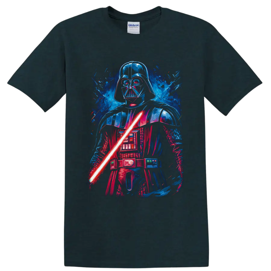 Darth Vader neon-style portrait with red lightsaber and blue sci-fi splatter on a Midnight (Green) T Shirt