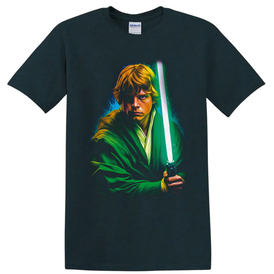 Luke Skywalker painterly portrait holding a glowing green lightsaber on a Midnight (Green) T Shirt